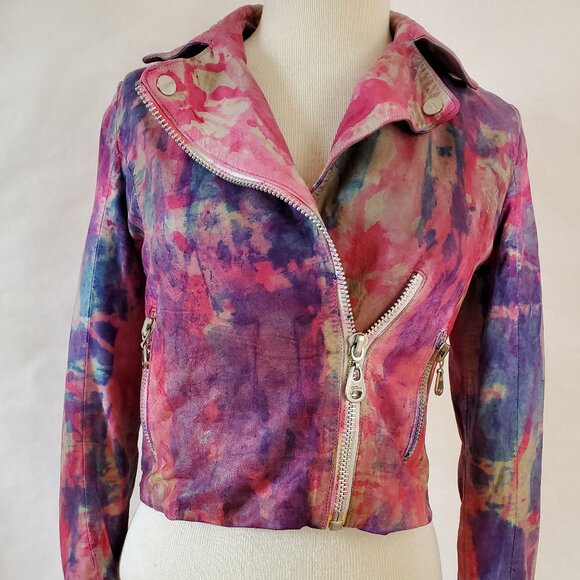 Leather Motorcycle biker Jacket graffiti painted pink purple red blue XS 0 2 4 6 - Picture 2 of 11